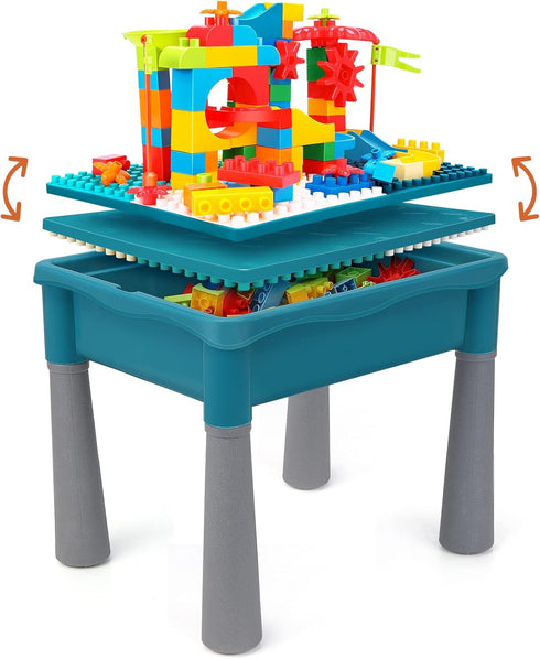 Double-Sided Kids Activity Table with Storage - 105pcs Marble Run Building Blocks, 5-in-1 Play Table