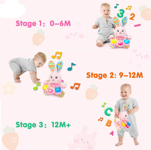 Ryotagift Crinkle,Tummy 0 3 6 9 12+ Baby Bilingual Musical Rabbit Stuffed Animals Toys,Infant Early Learning Toy