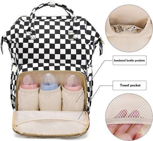 MCWTH Backpack Set Checkered Diaper Bag for Baby Girls Mom, Large Capacity Multi-Function Nappy Bags Organizer