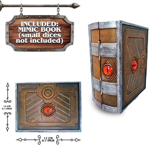 Power Beast Dungeon Mimic Book Dice Storage Box with 2 Glass Eyes, D&D Accessories, Holds 7 Sets of Polyhedral Dice