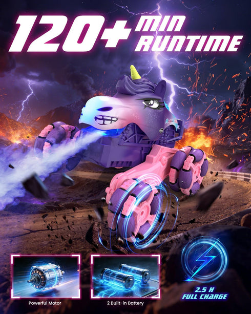 1:18 360 2.4 4WD 120 3+ Remote Control Car Pink Unicorn Monster Truck Spin-Dance Light Music with Spray, GHz Min