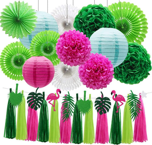 ADLKGG Tropical Flamingo Palm Leaf Banner, Party Decorations with Hanging Paper Fans, Lanterns, and Tissue Tassels