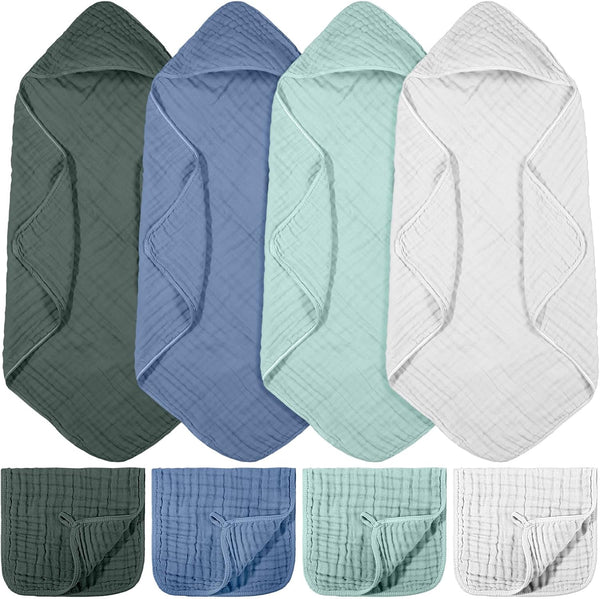 VitalCozy 8 Pcs Baby Muslin Hooded Bath Towels and Washcloths Muslin Cotton