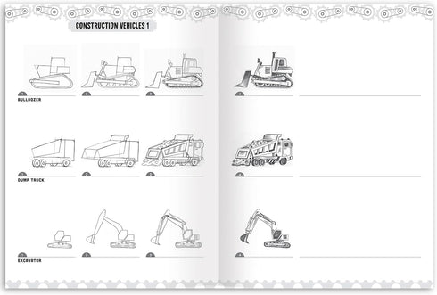 65 5+ eeBoo Learn to Draw Vehicles - Step-by-Step Drawing Activity Book with Stickers, Land Water Air Construction