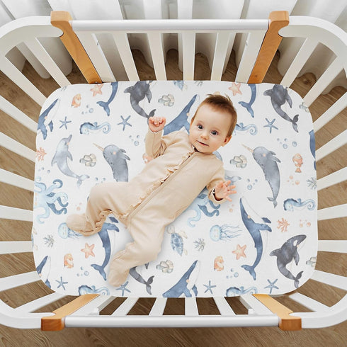 CHUROUSY 28x52 Inch Ocean Animal Crib Sheets for Boys Girl Whale Shark Dolphin Starfish Jellyfish Mattress Cover