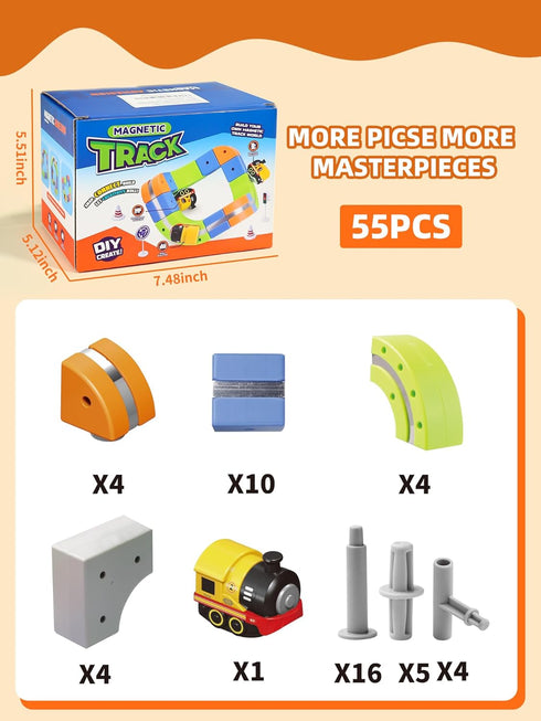 Aotonow 58PCS Sets 3-8, Electric Magnetic Train Track DIY Race Car Track Building Kits with Train and Traffic Signs