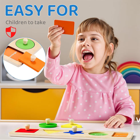 First Jumbo Knob Wooden Shape Puzzles for Toddlers 1-3, Montessori Peg Shapes Puzzle Sorter Board