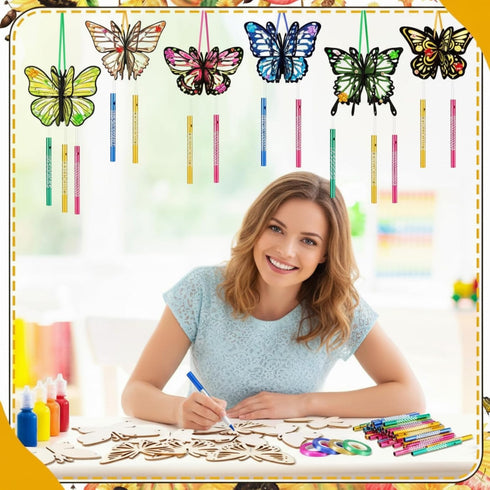 GlikCeil 30 Pack Summer Butterfly Wind Chime Making Kit Spring Make Your Own Wooden DIY Butterfly Wind Chime Arts