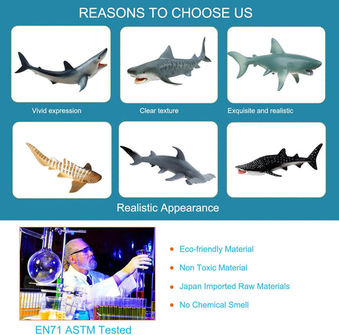 Flormoon Realistic Shark Figurines - 6pcs Undersea Creature Action Models, Educational Toy & Cake Topper for Kids