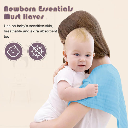Ease Cubs 100% 12-Pack, 20" X10") Muslin Burp Cloths Large Cotton Hand Washcloths for Boys & Girls, Baby Essentials