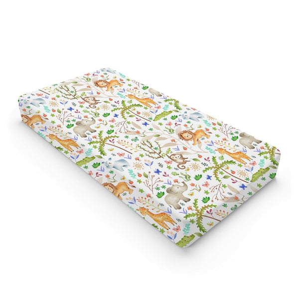 Safari Jungle Animals Trees Changing Pad Cover, Soft Breathable Sheets for Boy Girl with Lion, Elephant, 32''x16''