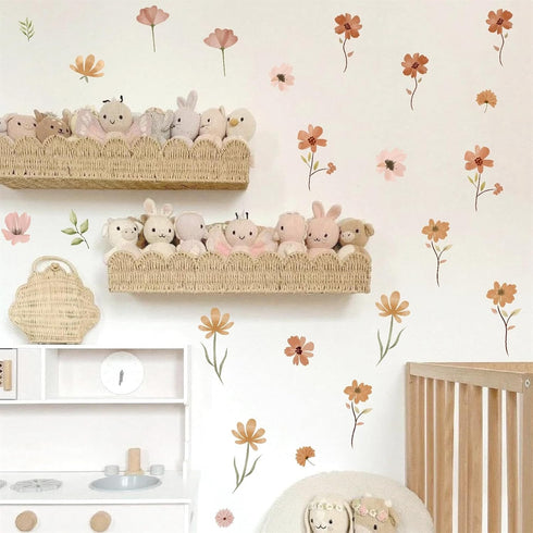 Small Flower Wall Stickers Boho Floral Wall Decals Watercolor Wildflower Decals Cute Flowers Stickers Removable Retro
