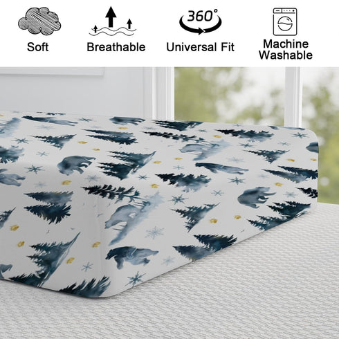 Woodland Bear Snow Forest Changing Pad Cover, 32"x16" Soft Stretchy Sheets for Baby Boys Girls