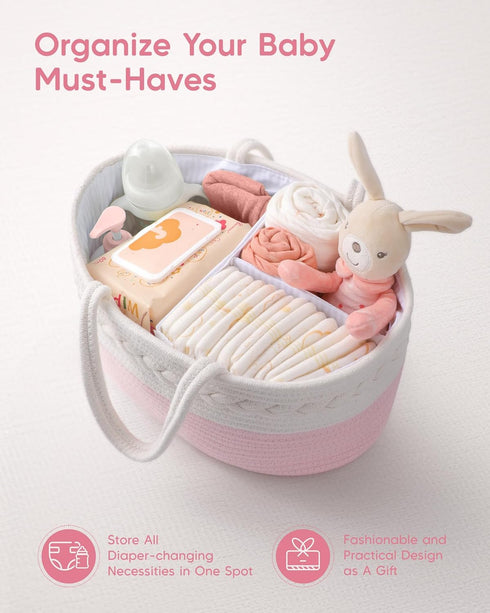 Maliton Diaper Caddy for Baby Girl-Cotton Rope Diaper Caddy, Diaper Organizer for Changing Table, Portable Baby Basket