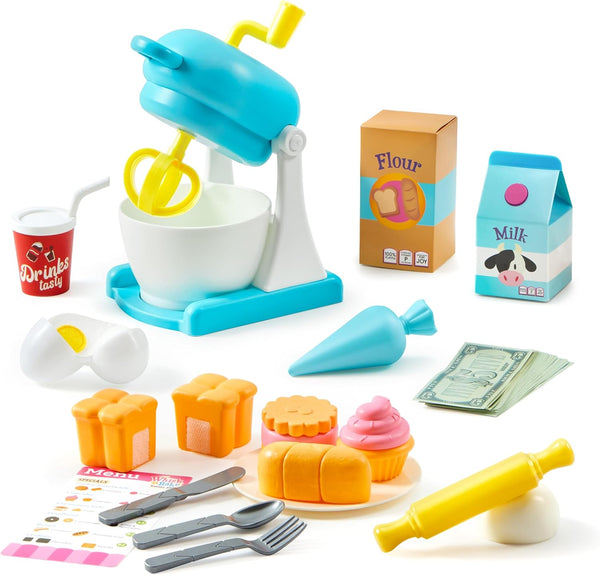 lalalark Whisk n' Bake Bakery Mixer Playset, 16 Pieces Toy Kitchen and Food