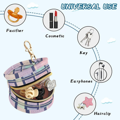 PYBUG Plaid Round Pacifier Storage Case, Polyester & TPU Lined with Hook Buckle, Pacifier Container Box for Baby