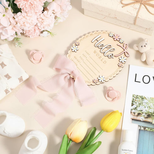 Tucnoeu Baby Announcement Sign, Wooden Hello World Newborn Welcome Sign, Bow Birth Stats Signs Newborn Photo Prop