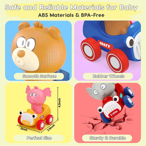 1-3, 6-9-12-18 1 2 1st AugToy Press and Go Toy Cars for Toddlers Animal Racing Cars Infant Baby Toys Months, Cars Toys