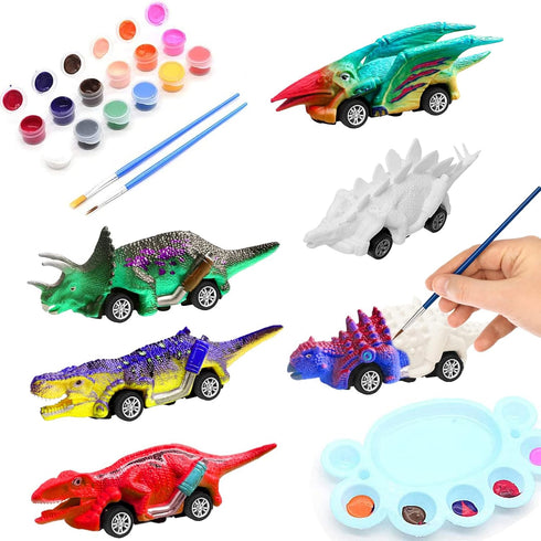 Mchochy 6 Pack Painting Dinosaur Pull Back Car Toys - DIY Kits for Kids Age 3-12, Christmas Party Favors