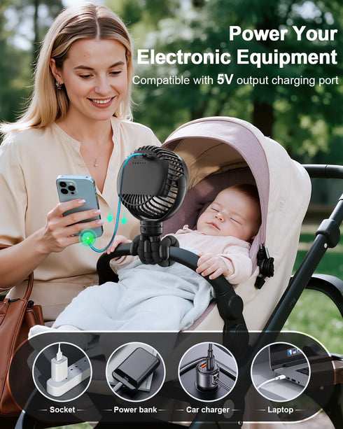 65H 12000mAh Timming, FRIZCOL Portable Stroller Fan, Use As Power Bank, Battery Operated Fan Flexible Tripod Baby Car