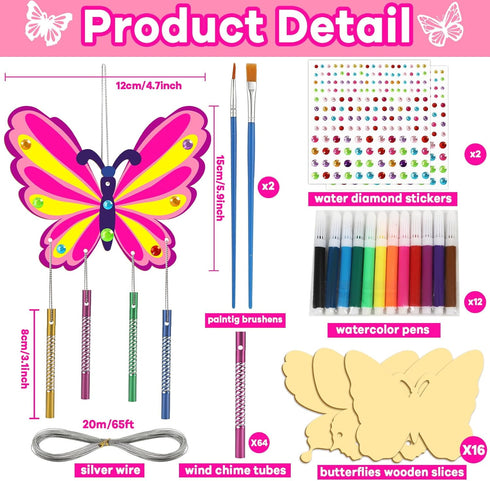 16 Pack Butterfly Wind Chime Kits for Kids, Make Your Own Wooden DIY Butterfly Crafts for Summer Party Decorations