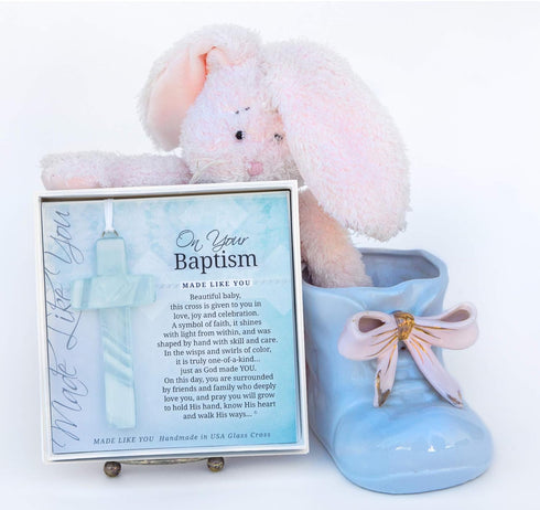 On Your Baptism Beautiful Handmade Aqua Glass Cross - Treasured Gift for Baby Girl or Boy