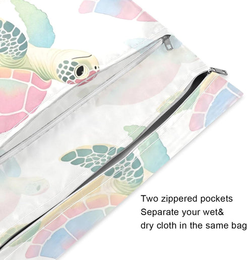 Burbuja 2 Pack, 2 Watercolor Sea Turtles Wet Dry Bags for Baby Cloth Diaper Waterproof Reusable Wet Bag with Zippered