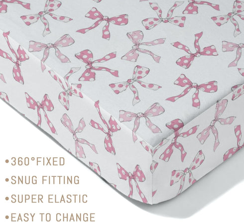 Selgkds 52''x28'' Pink Dot Bows Baby Crib Sheets for Girls Sweet Girly Bows Soft Stretchy Fitted Crib Mattress Covers