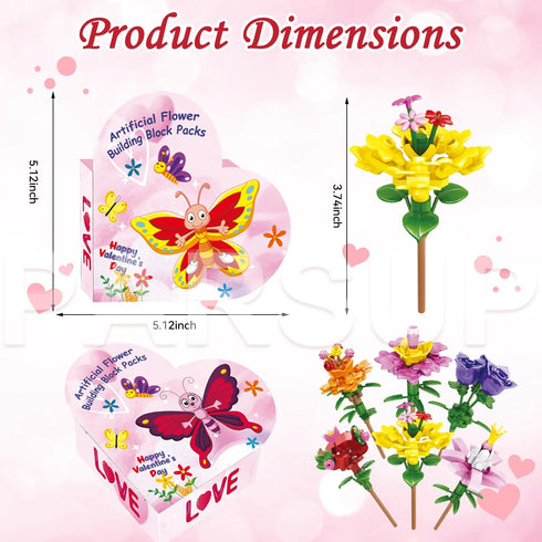 30PCS 6 PARSUP Valentines Day Gifts for Kids, Different Artificial Flower Building Block with Valentines Gift Boxes