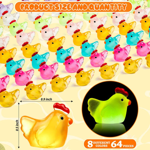 SYWHXY 64PCS 8 Luminous Mini Chicken Figurines Resin Miniature Animals, Colors Tiny Chickens Miniature Glow in The Dark