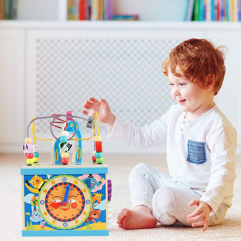 Qilay Wooden Activity Cube for Toddlers 1-3, 5 in 1 Multipurpose ABC-123 Abacus Montessori Learning Toys for 1-3 Year