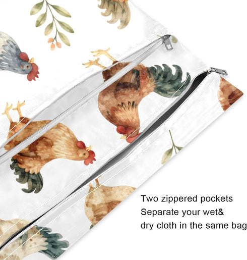 Haskirky 2 Hen and Rooster Pcs Cloth Diaper Wet Dry Bags,Waterproof and Washable Bag for Travel Reusable Wet Bag