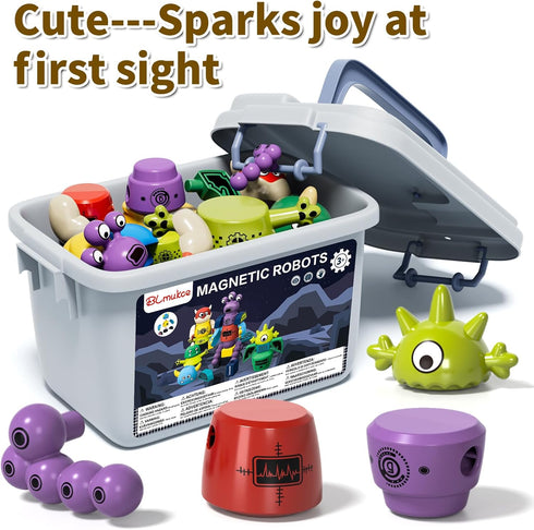3-5, 35 Playset Magnetic Robot Toy for Kids PCS STEM Educational with Storage Box, DIY Stacking Monster Robots, Toddler