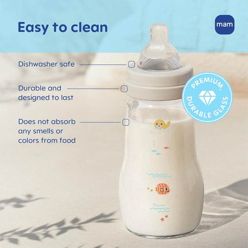 6oz 0+ 3 Pack MAM Premium Glass Wide Neck Baby Bottle with Slow Flow Breastfeeding-Like Silicone Nipple, Easy
