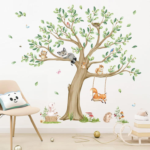 wondever Kids Large Tree Wall Stickers Animal Tree Fox Owl Peel and