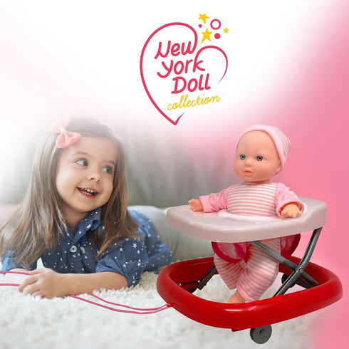 Baby Doll Set with 12” Fake Baby & Foldable Pull Along Walker, Soft Doll Accessories for Toddlers 3+