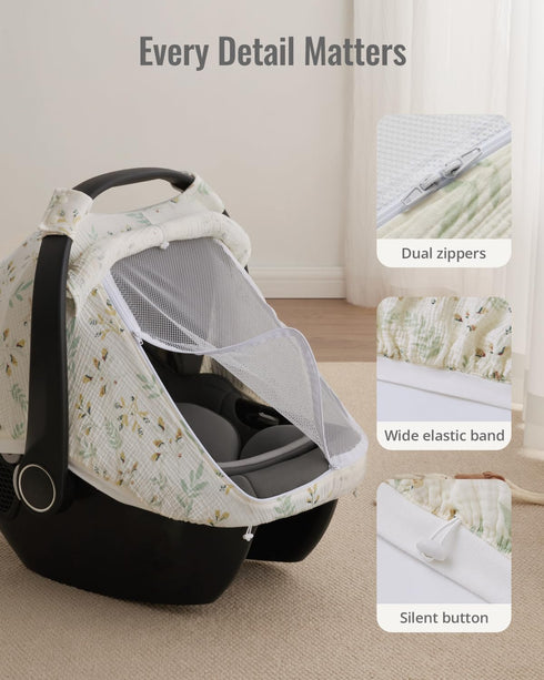 Blissful Diary Baby Car Seat Cover, Extra Large Mesh Window, Breathable Muslin Cotton, Infant Windproof Canopy