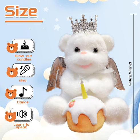 Voice Recorder Singing Angel Teddy Bear with Flapping Wings, LED Candle Light, Plush Interactive Toy for Kids