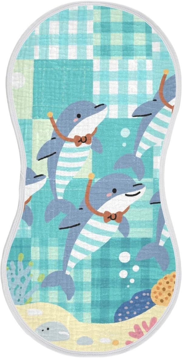 tplaotee Cartoon Green Plaid Dolphin Diving Cotton Burp Towels for Baby Soft Touch