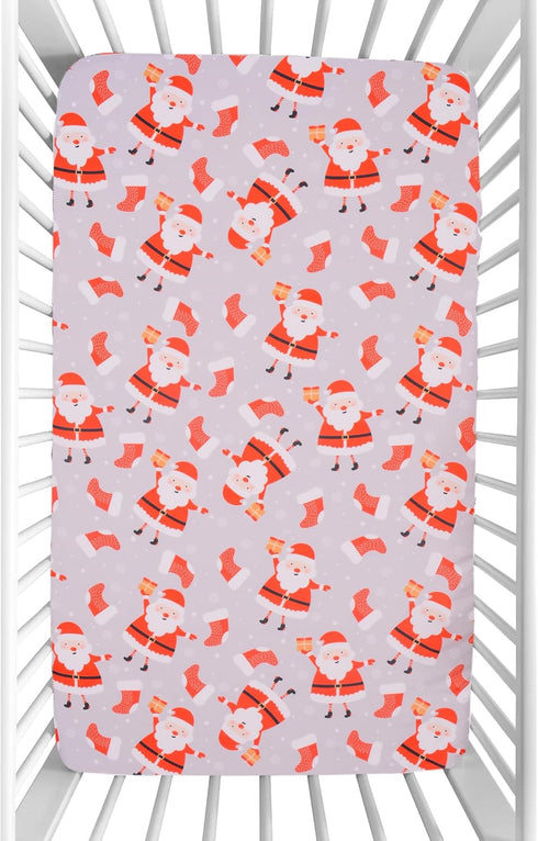 52'' 28'' Christmas Crib Sheet, Fitted Crib Sheet with Santa Claus, Christmas Stocking, Snowflake, Measuring x to fit