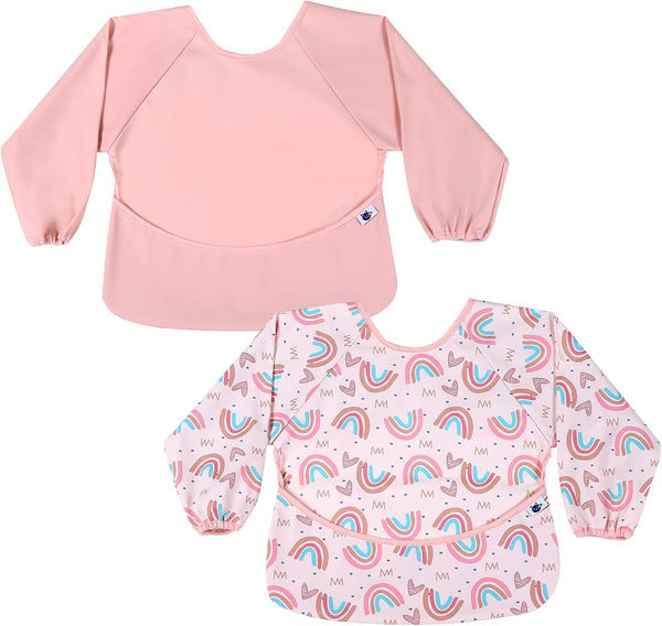 SPINFOX 2 Pack Baby Smock for Eating, Mess Proof Baby Bib, Waterproof Toddler