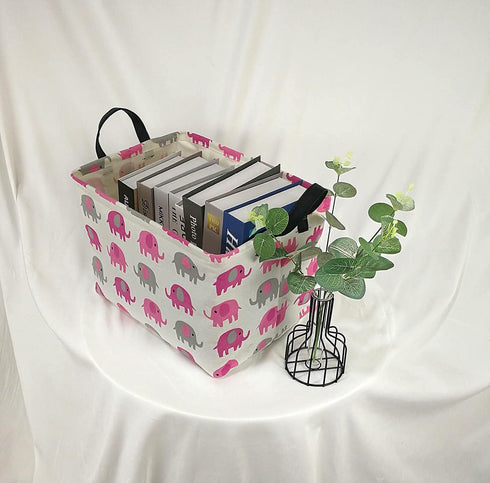 Elephant Print Rectangular Storage Bin, Canvas Fabric Toy Box, Waterproof Coating Nursery Hamper with Handles, Gift