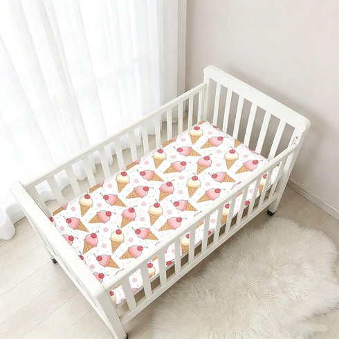 Jynexis 52x28 Ice Cream Cherry White Pattern Baby Crib Sheets, Cotton Fitted Crib Sheet, Soft Breathable, Fits Standard