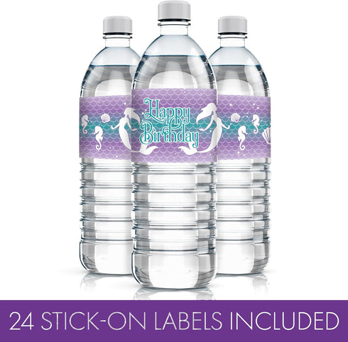 Mermaid Birthday Water Bottle Labels - 24 Stickers for Under The Sea Party Decorations, Mermaid Supplies