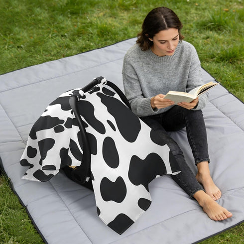 Dalzium Black and White Cow Print Car Seat Cover Baby, Carseat Canopy Cover for Girl Boy, Breathable Baby Carrier Cover