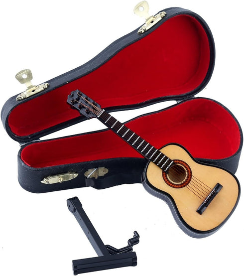Wooden Miniature Guitar with Stand and Case, Collectible Figurines Dollhouse Accessories Model Home Decoration