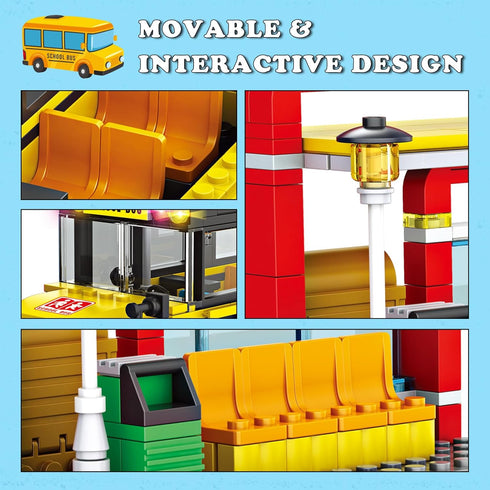 WEMEWEME Set 6+ 488PCS School Bus Building Blocks for Kids Creative Vehicle Toy with Movable Wheels Compatible