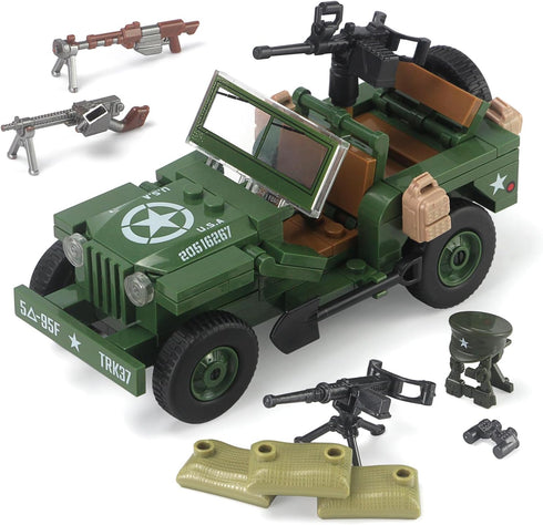WW2 Pack 282 Set 6 Feleph Military Vehicles Weapons Pieces US Army Building Block Toy WWII Car Tricycle Gear Helmets