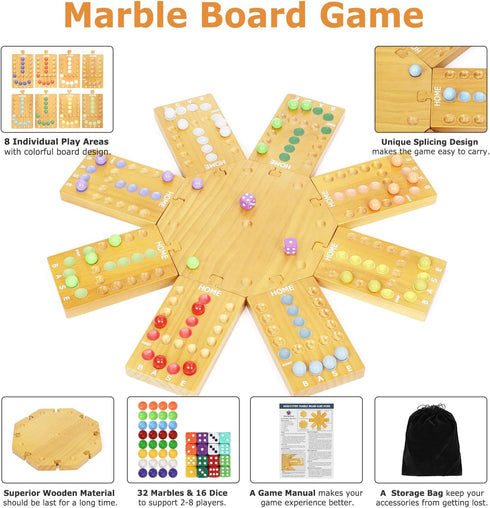 6-8 32 16 Marble Board Game,Wooden Board Game for Players,Portable Design Marble Game with Marbles Dice, Family Game