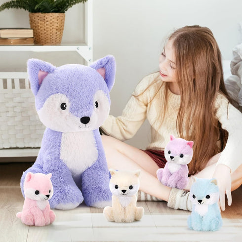 5 Set, 20 inches MaoGoLan Large Fox Plush Stuffed Animal, Pcs Stuffed Foxes Plush Toy Purple Mama Fox Toy with Babies